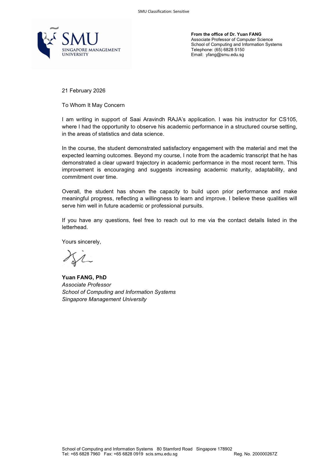 Letter of Recommendation from Dr. Yuan Fang