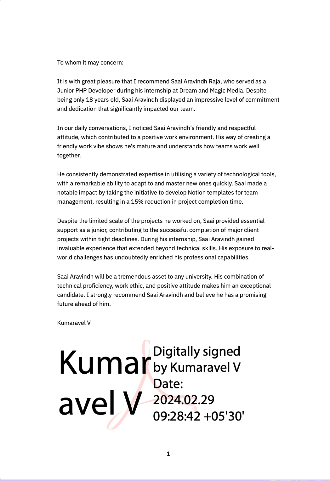 Letter of Recommendation from Mr. Kumaravel V