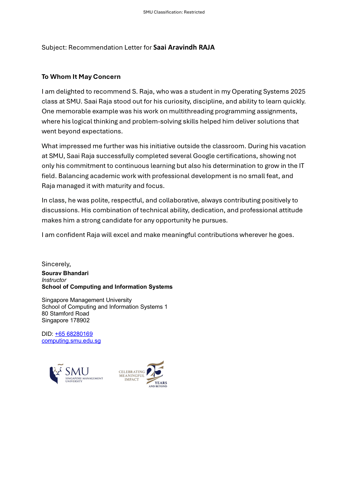 Letter of Recommendation from Mr. Sourav Bhandari