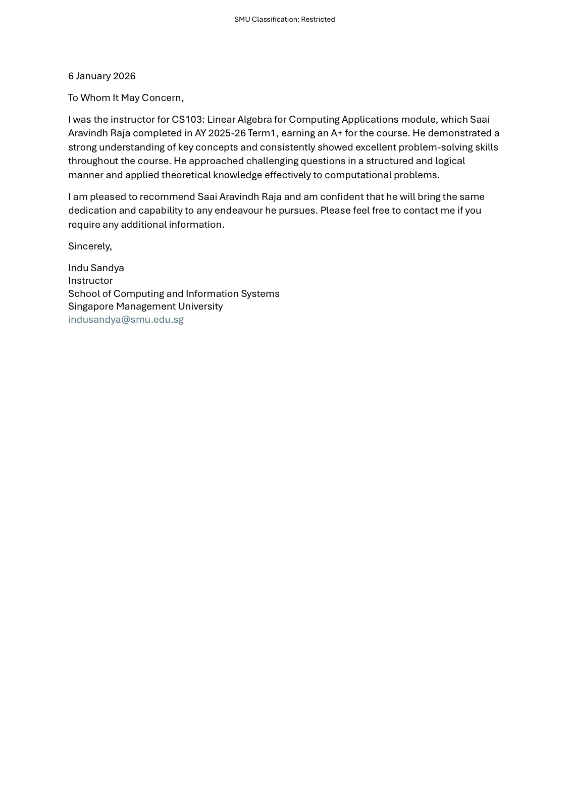 Letter of Recommendation from Ms. Indu Sandya
