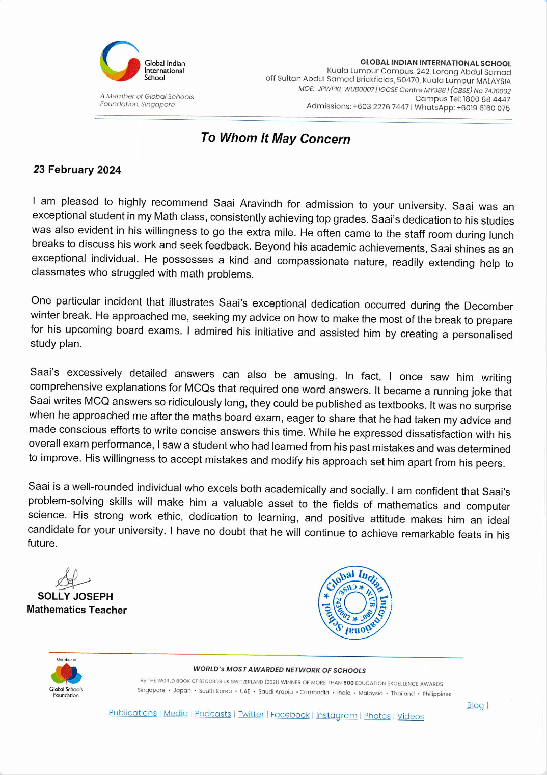 Letter of Recommendation from Ms. Solly Joseph