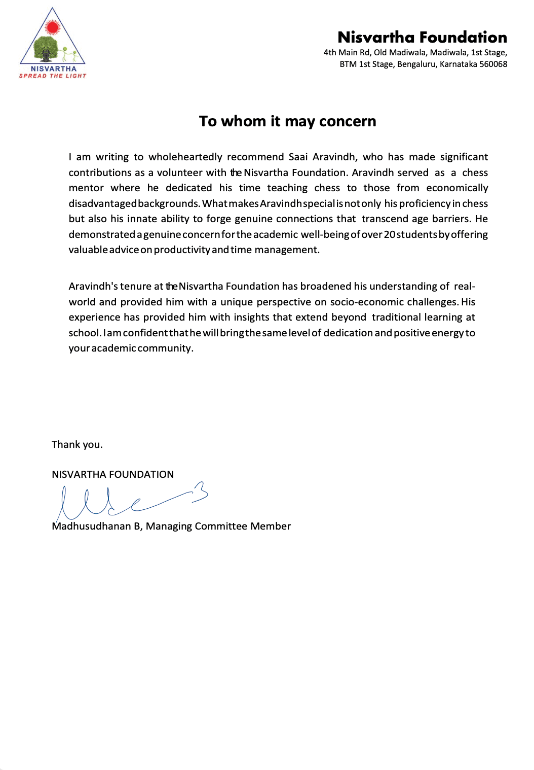 Letter of Recommendation from Mr. Madhusudhanan B