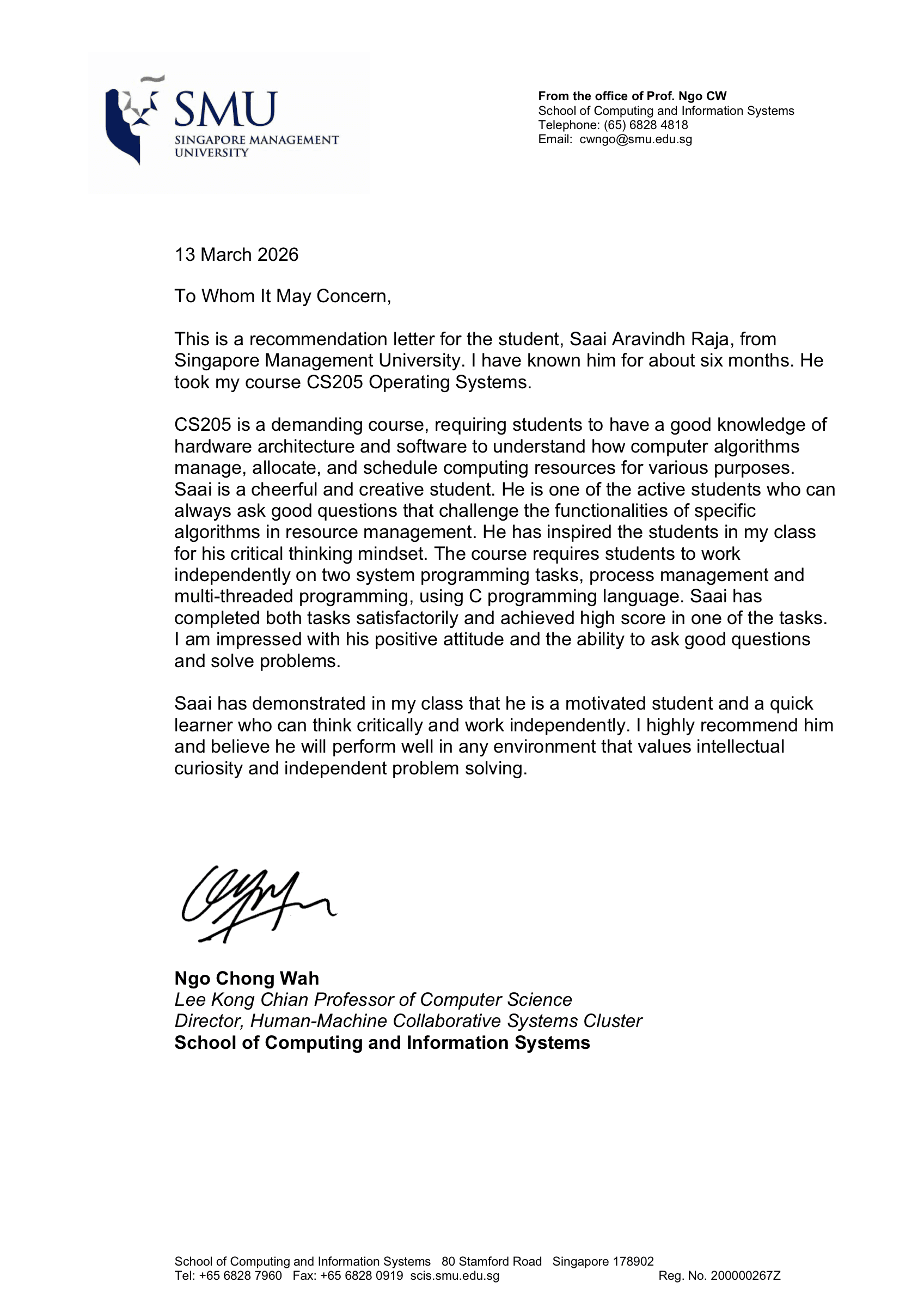 Letter of Recommendation from Prof. Ngo Chong Wah