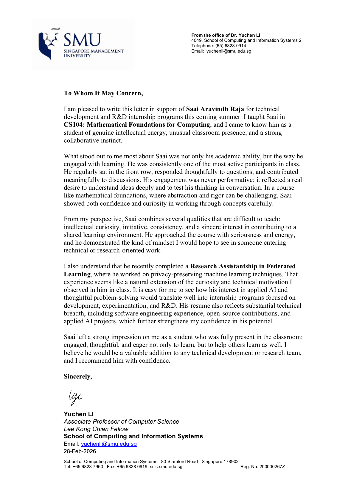 Letter of Recommendation from Prof. Yuchen Li